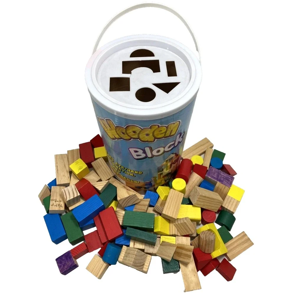 Wooden Building Blocks Set of 100 Various Colors and Shapes and Storage Canister